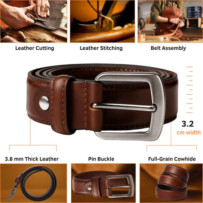 Brown leather belt with measurements and assembly process steps.