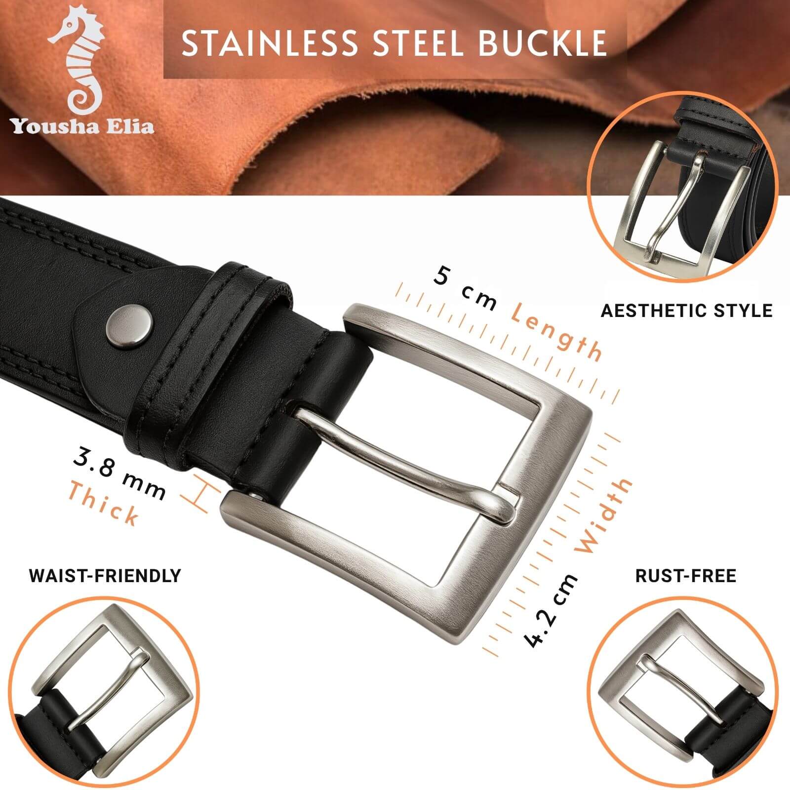 Black leather belt with stainless steel buckle, featuring product details and brand name.