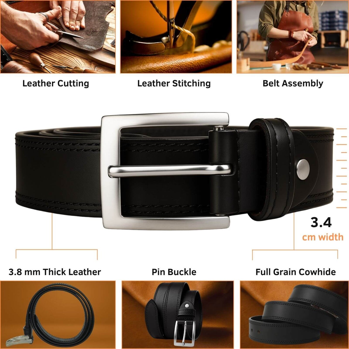 Black leather belt with silver buckle, shown with assembly steps and material details.