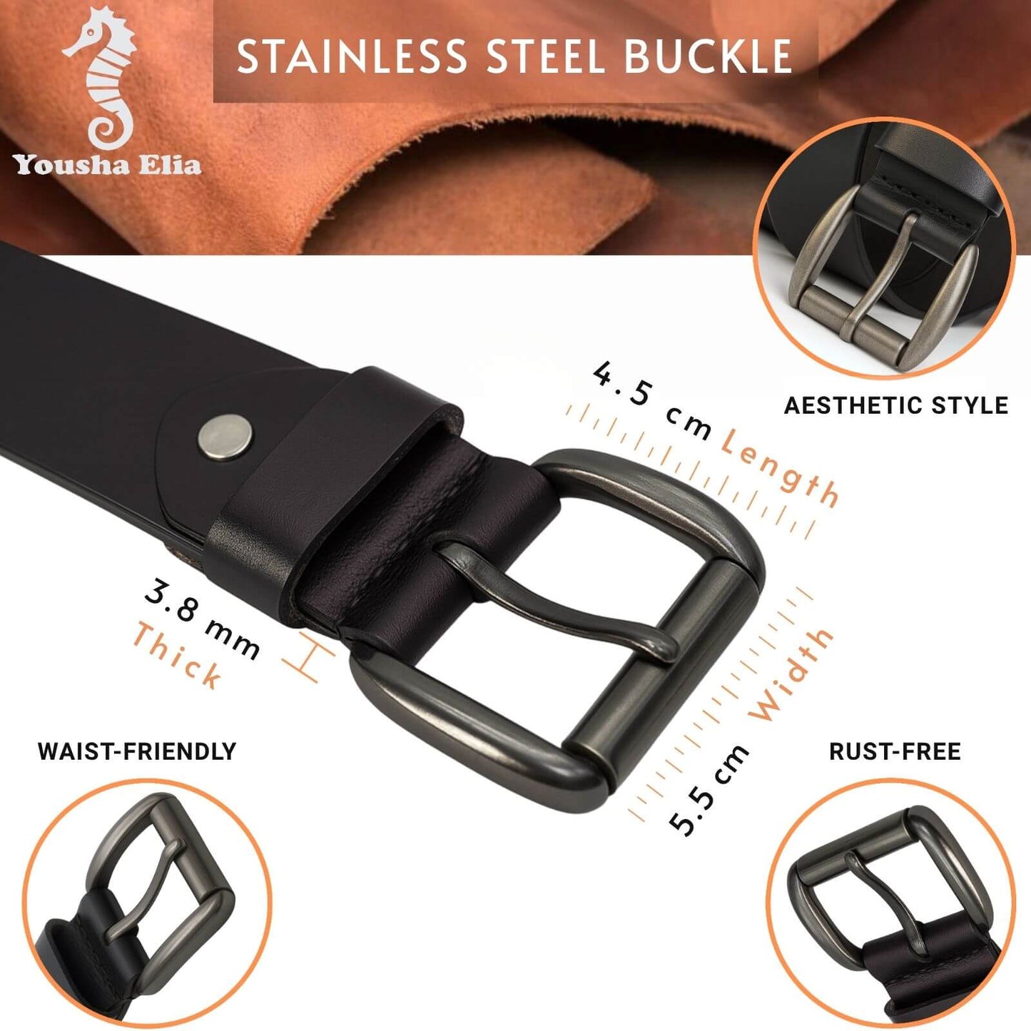 Black belt with stainless steel buckle, featuring dimensions and material details.