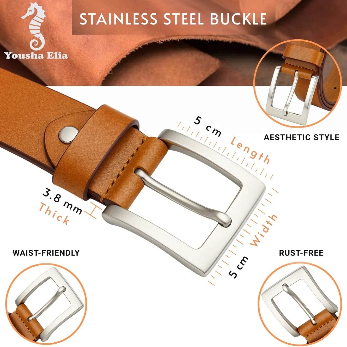 Brown leather belt with stainless steel buckle, featuring measurements and product details.