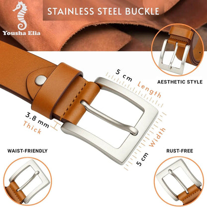 Brown leather belt with stainless steel buckle, featuring measurements and product details.