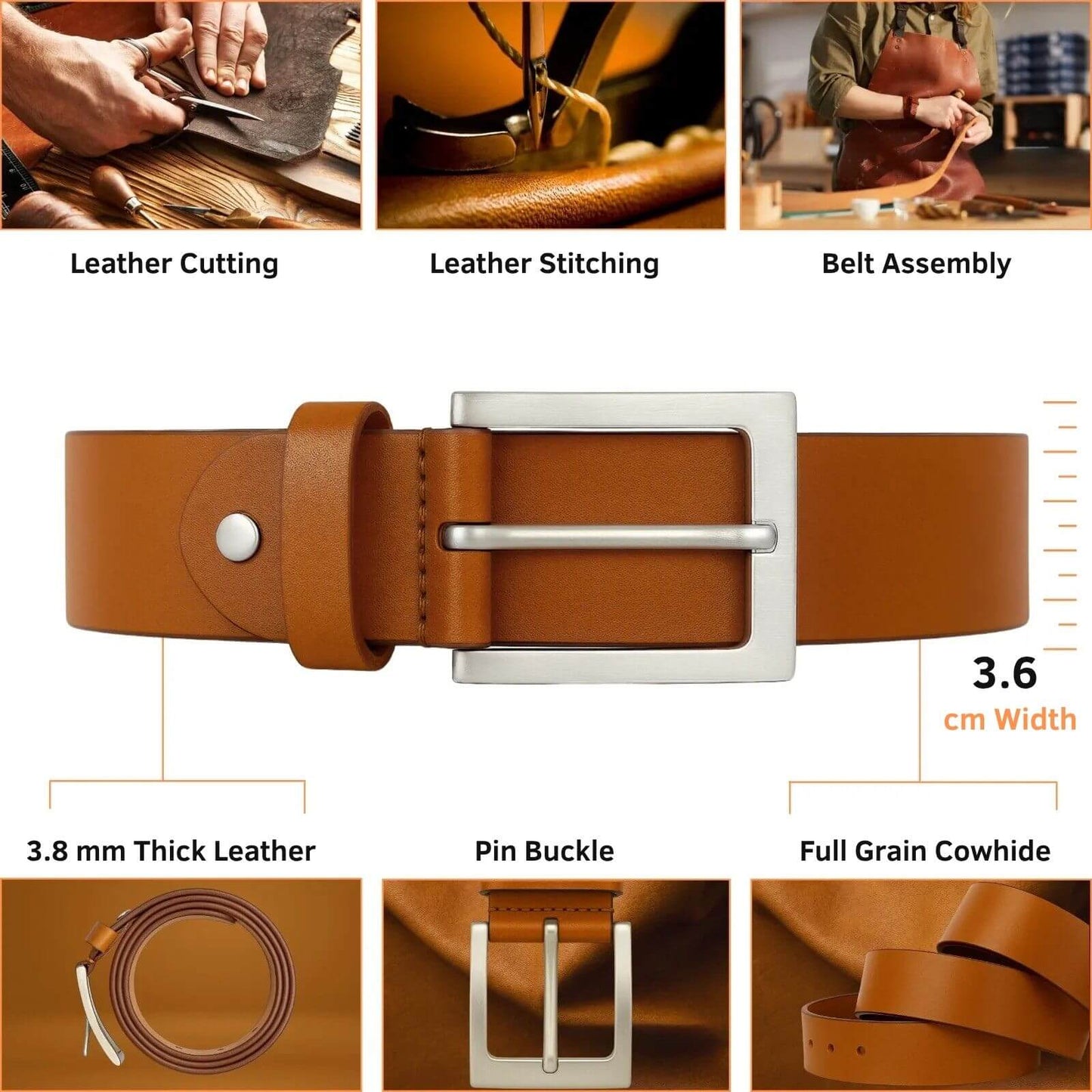 Brown leather belt with measurements and assembly steps on a white background