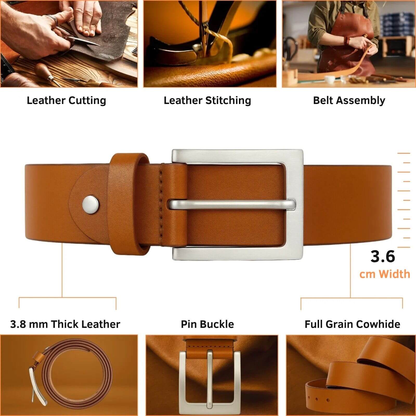 Brown leather belt with measurements and assembly steps on a white background