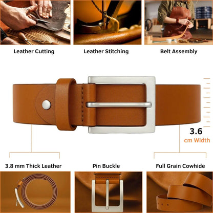Brown leather belt with measurements and assembly steps on a white background