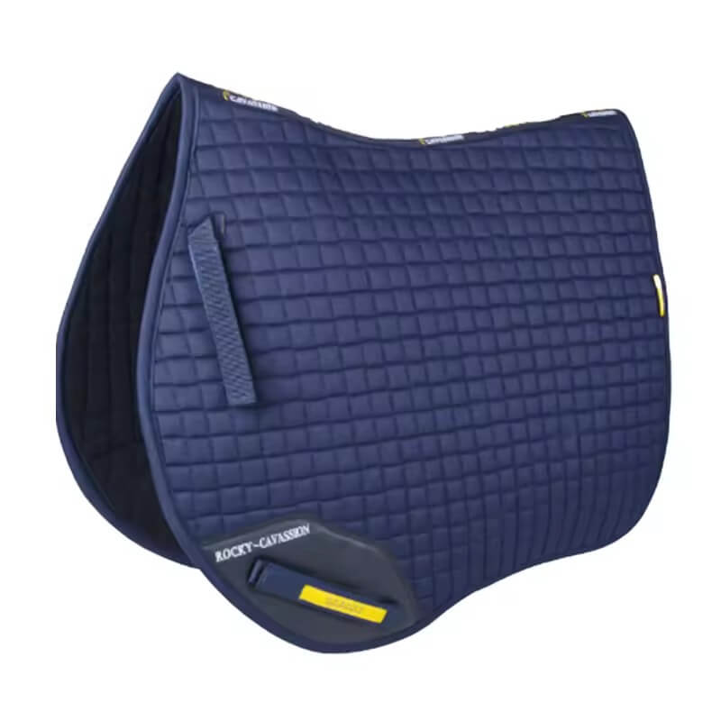 Navy blue quilted saddle pad with a brand logo on a white background
