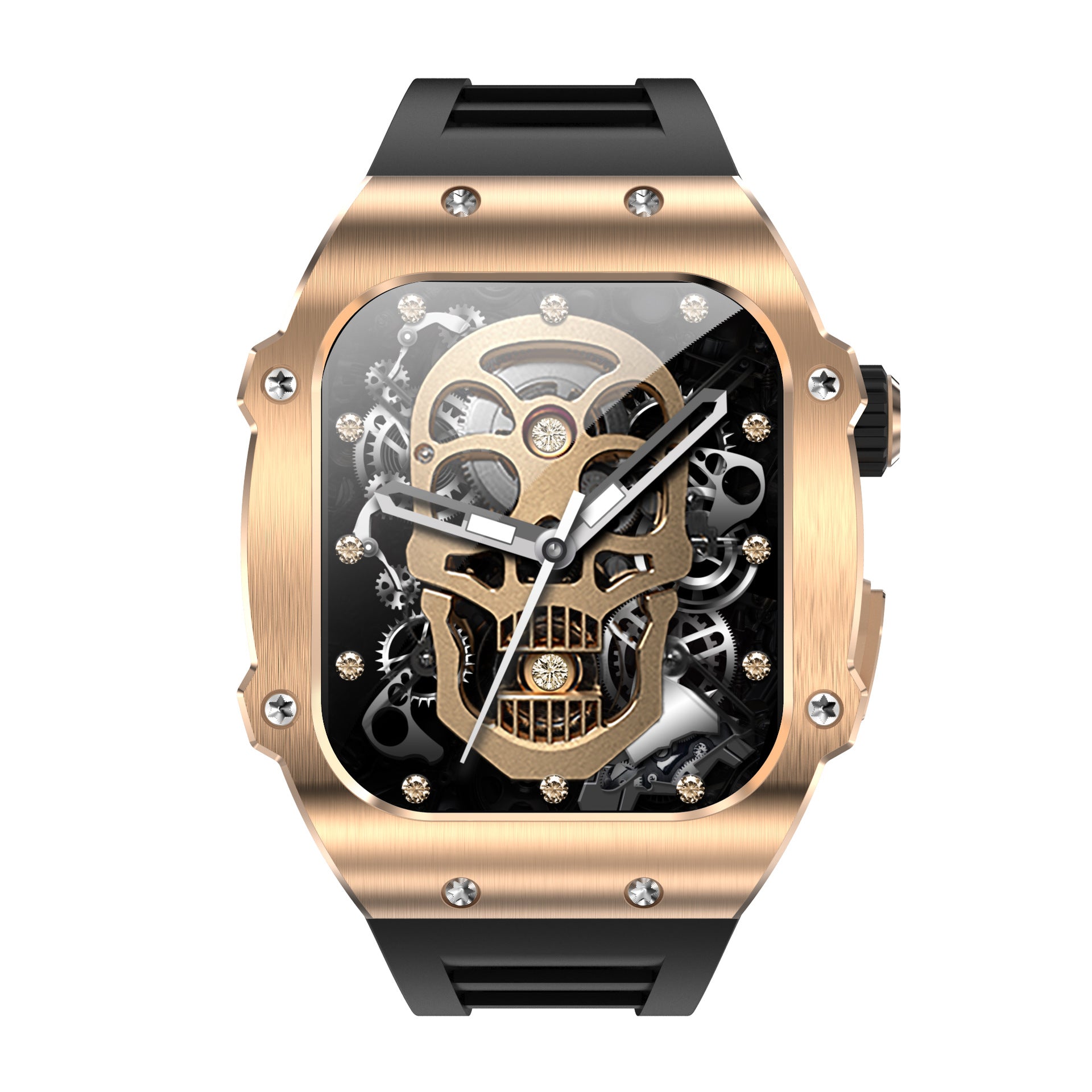 Luxury watch with skull design and rose gold casing on a white background