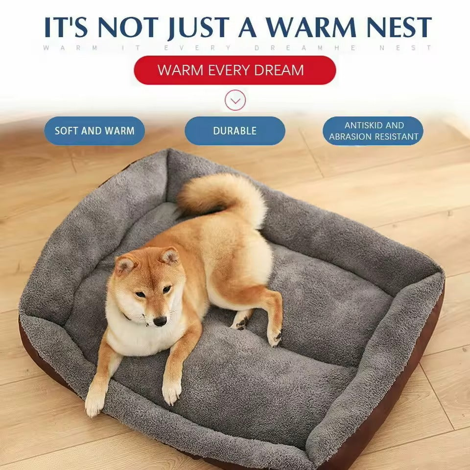 Dog lying on a gray pet bed with promotional text about its features.