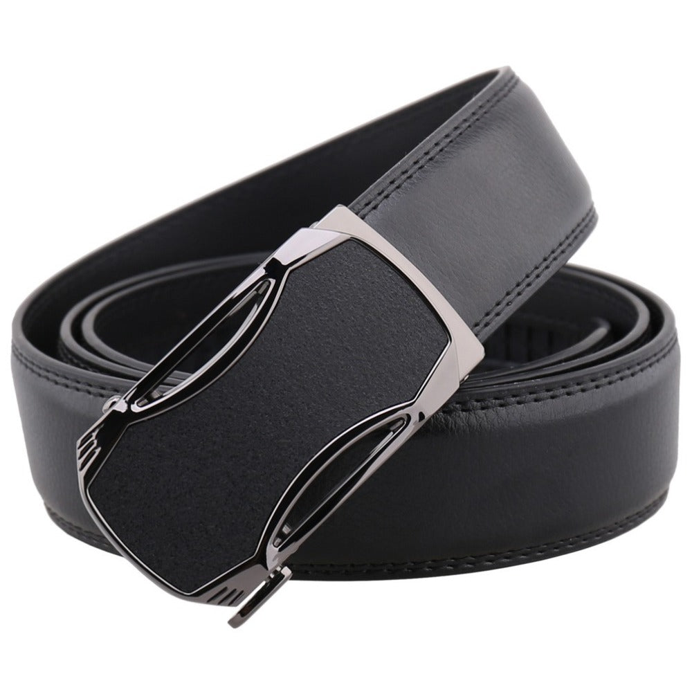 Black leather belt with a silver buckle on a white background