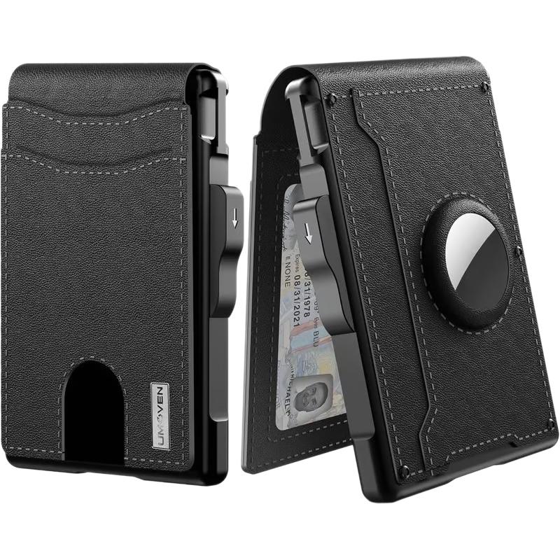 Black wallet with card holder and phone stand feature on a white background