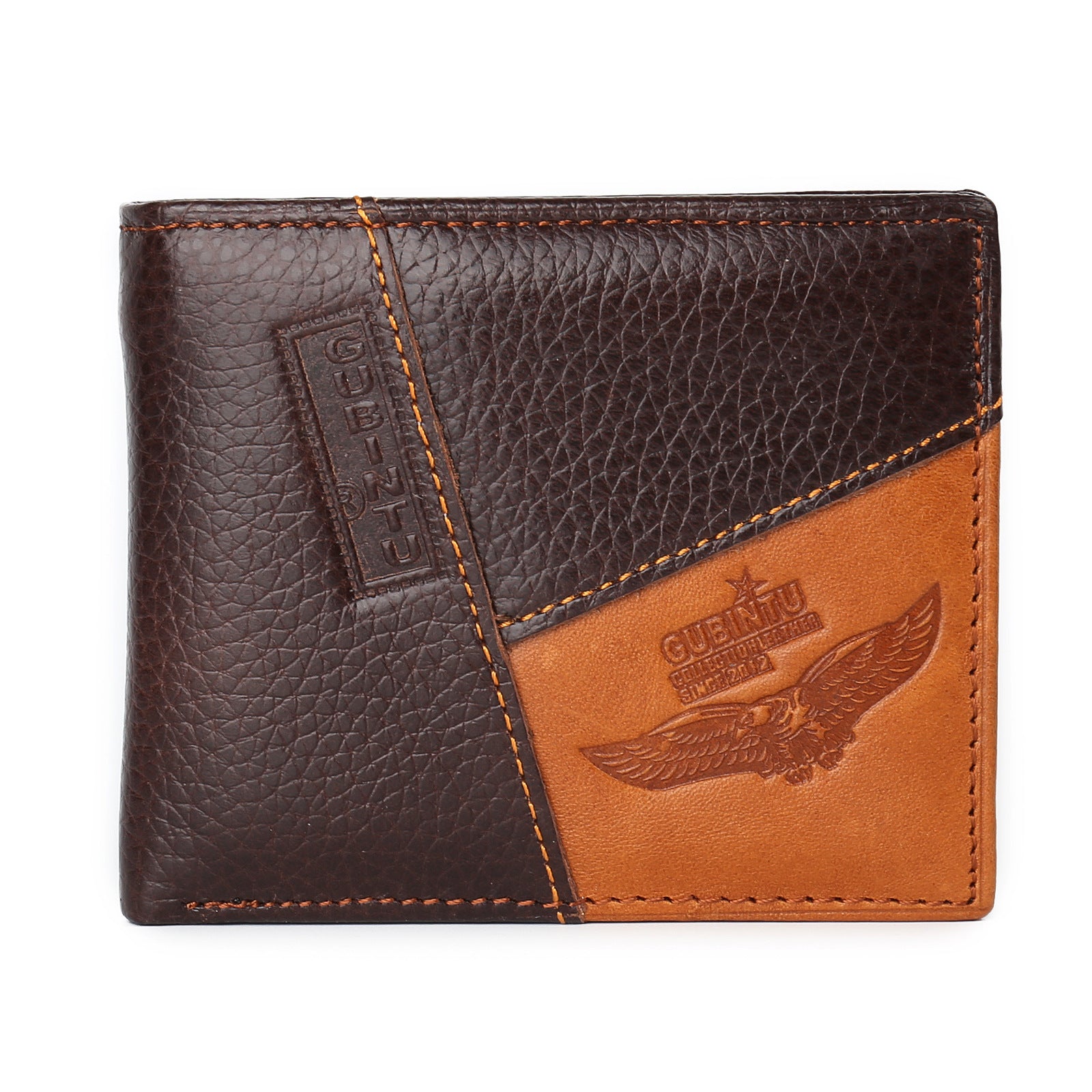 Brown leather wallet with a visible brand logo on a white background