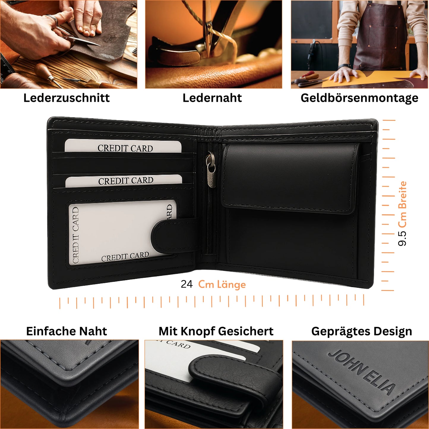 Black leather wallet with card slots, surrounded by images of leatherworking processes and product details.
