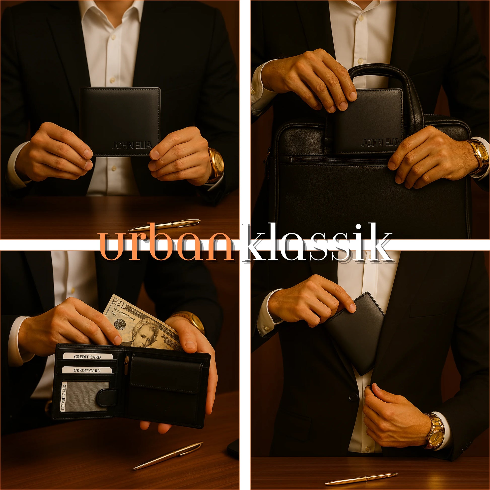 Person holding a black leather wallet with 'urban klassik' branding, displaying its features.