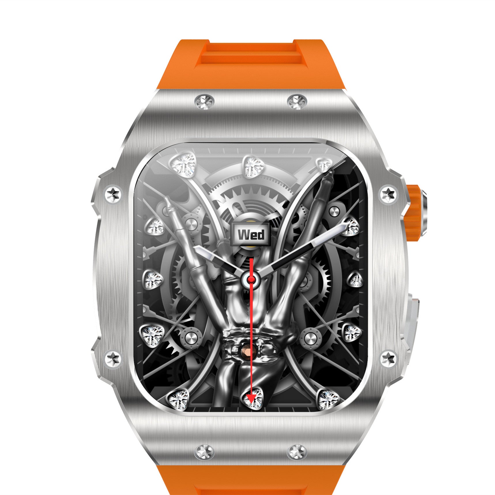 Watch with orange strap and silver case on a white background
