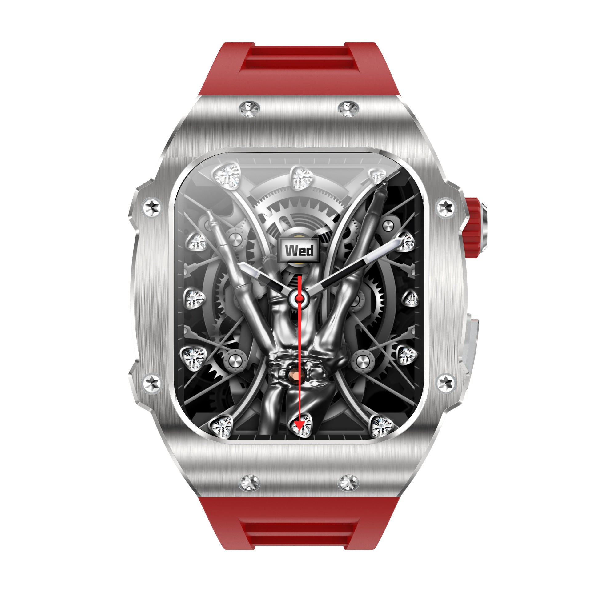 Watch with red strap and silver case on a white background