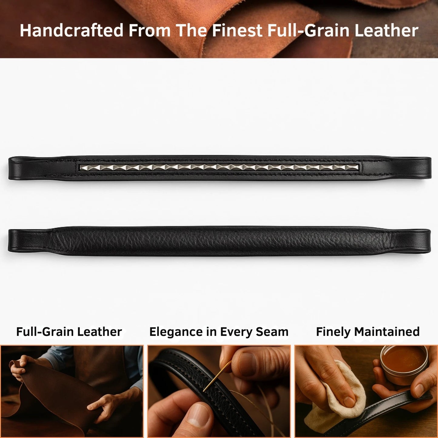 Luxury Black Studded Browband - Full Grain Leather - Youshaelia