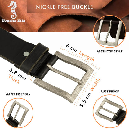 Black belt withnickel-free buckle, showing measurements and features.