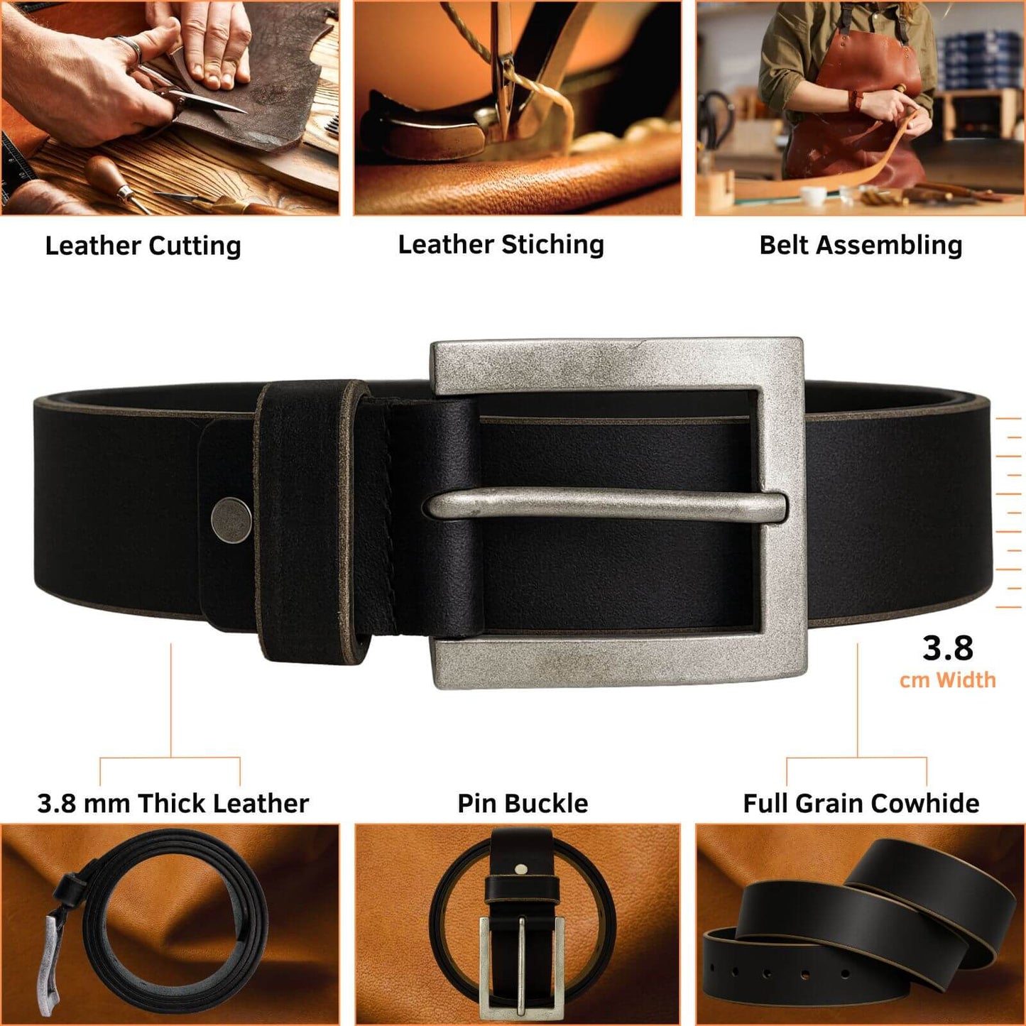 Black leather belt with silver buckle, shown with assembly steps and material details.