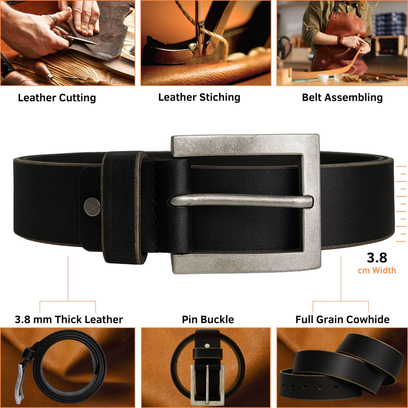 Black leather belt with silver buckle, shown with assembly steps and material details.