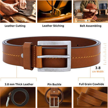 Brown leather belt with silver buckle, showing manufacturing process steps on a white background.
