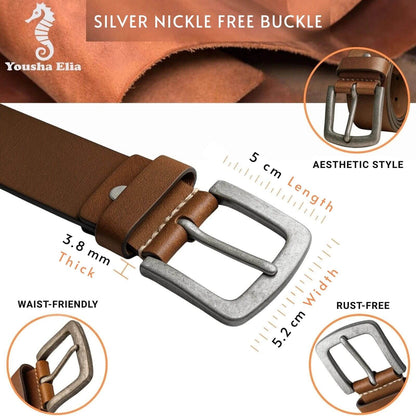 Brown leather belt with silver buckle, featuring specifications and brand name.