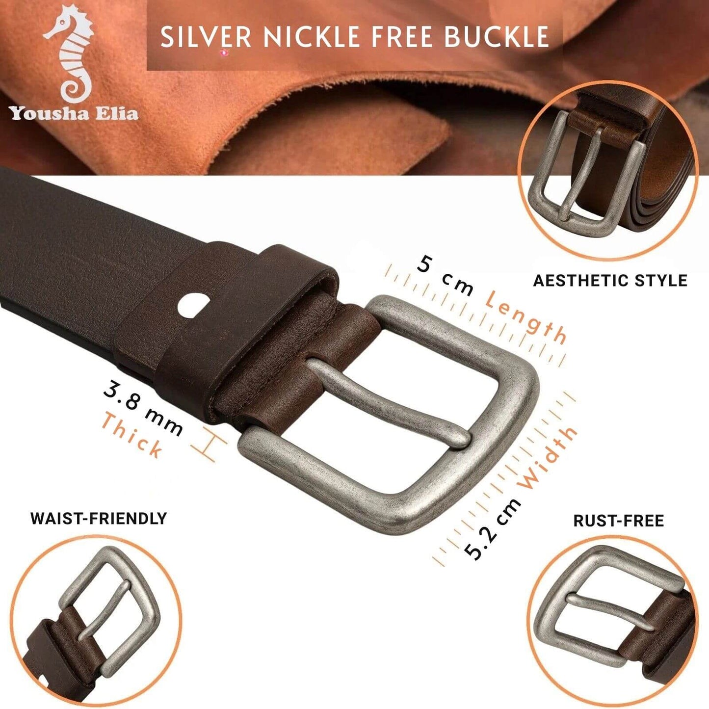 Brown belt with silver buckle and product details on a white background