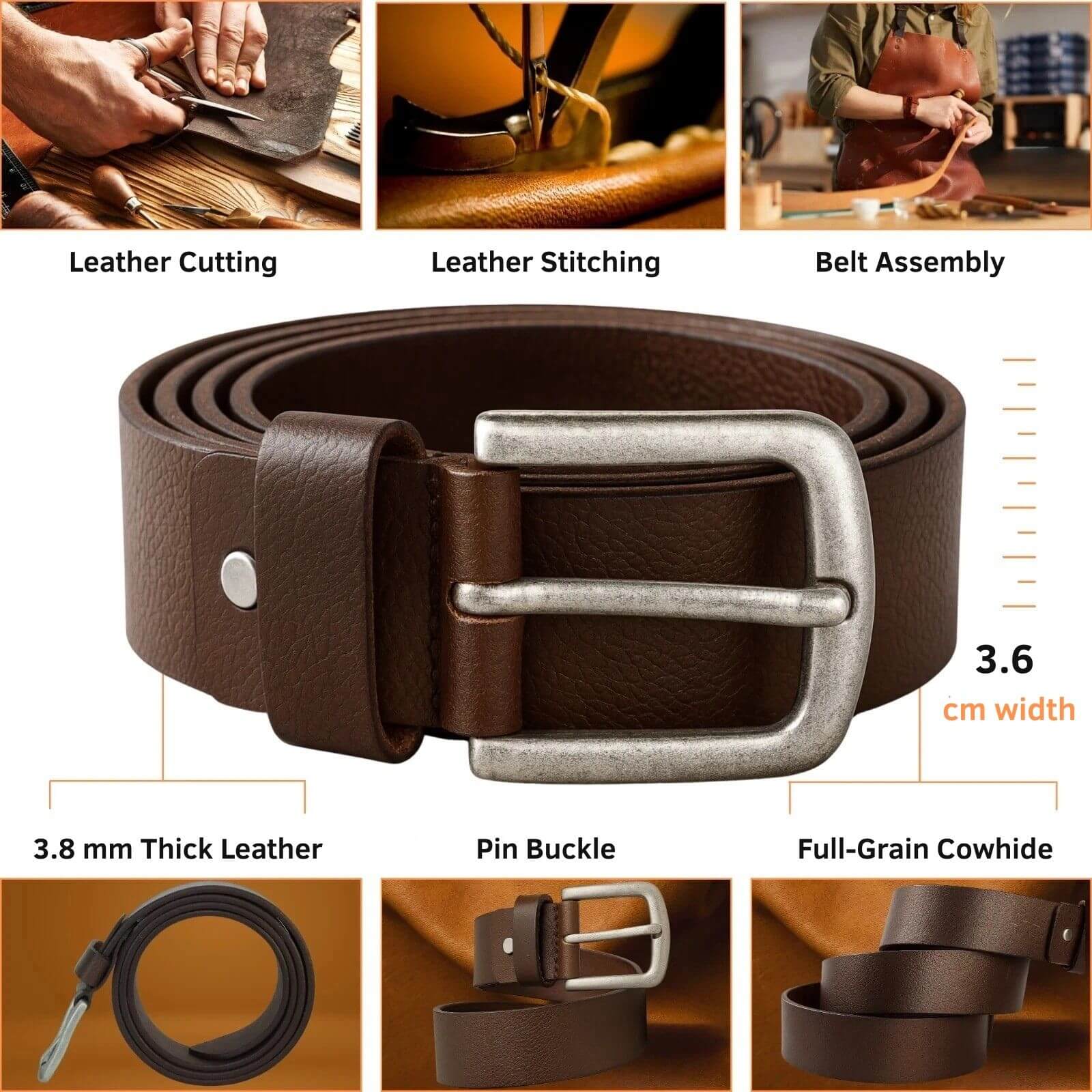 Brown leather belt with silver buckle, shown with assembly steps and specifications.