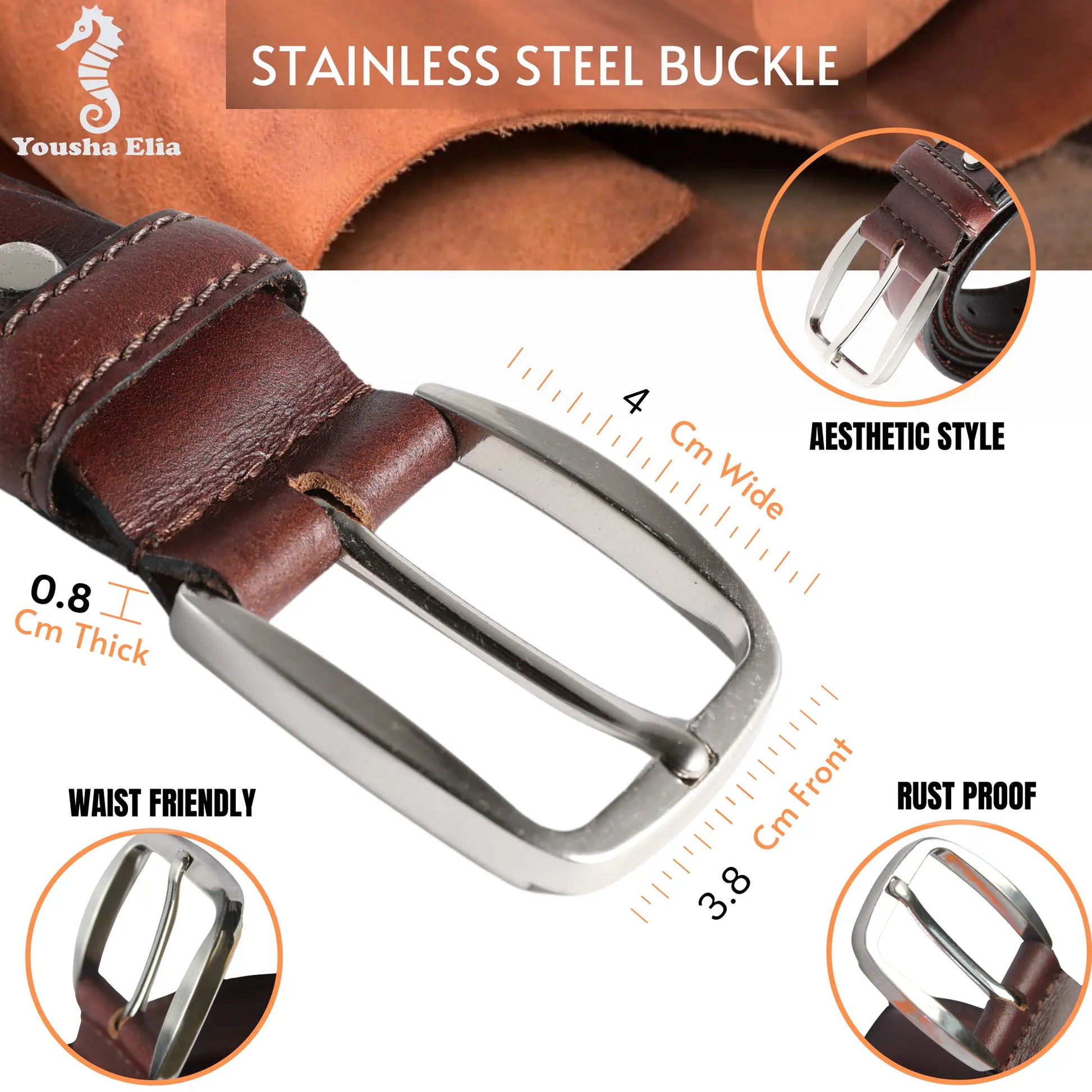 Brown leather belt with stainless steel buckle, featuring specifications on a white background.