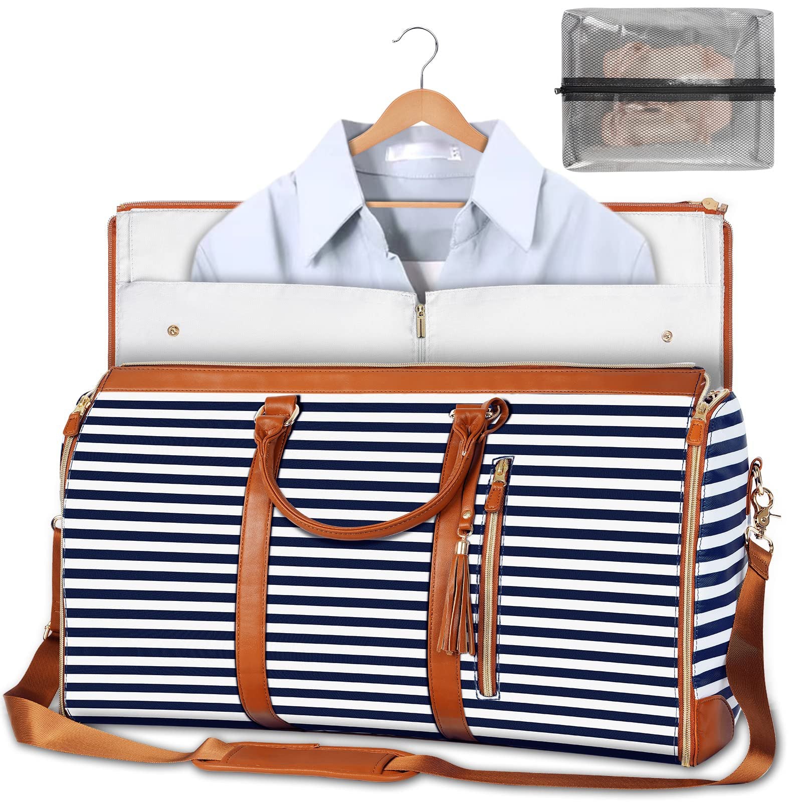 Striped travel bag with a shirt on a hanger and a clear pouch inside.