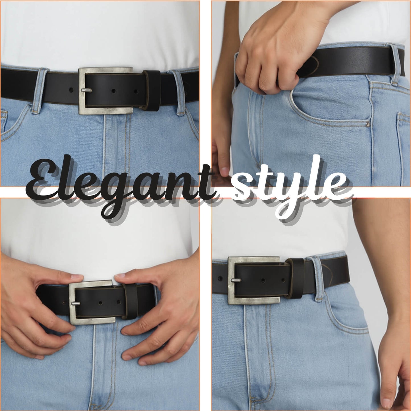 Black belt with silver buckle worn on light blue jeans, with 'Elegant style' text overlay.