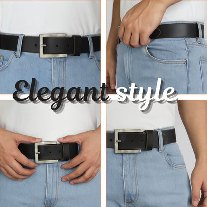 Black belt with silver buckle worn on light blue jeans, with 'Elegant style' text overlay.